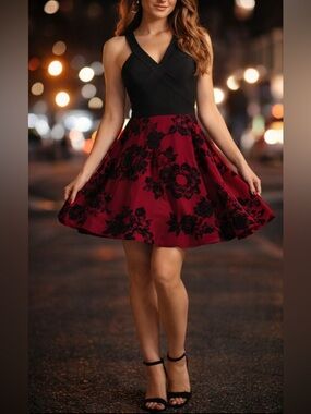Black & Burgundy Skater Dress | Open Back Strappy | Party / Homecoming | Size 9
